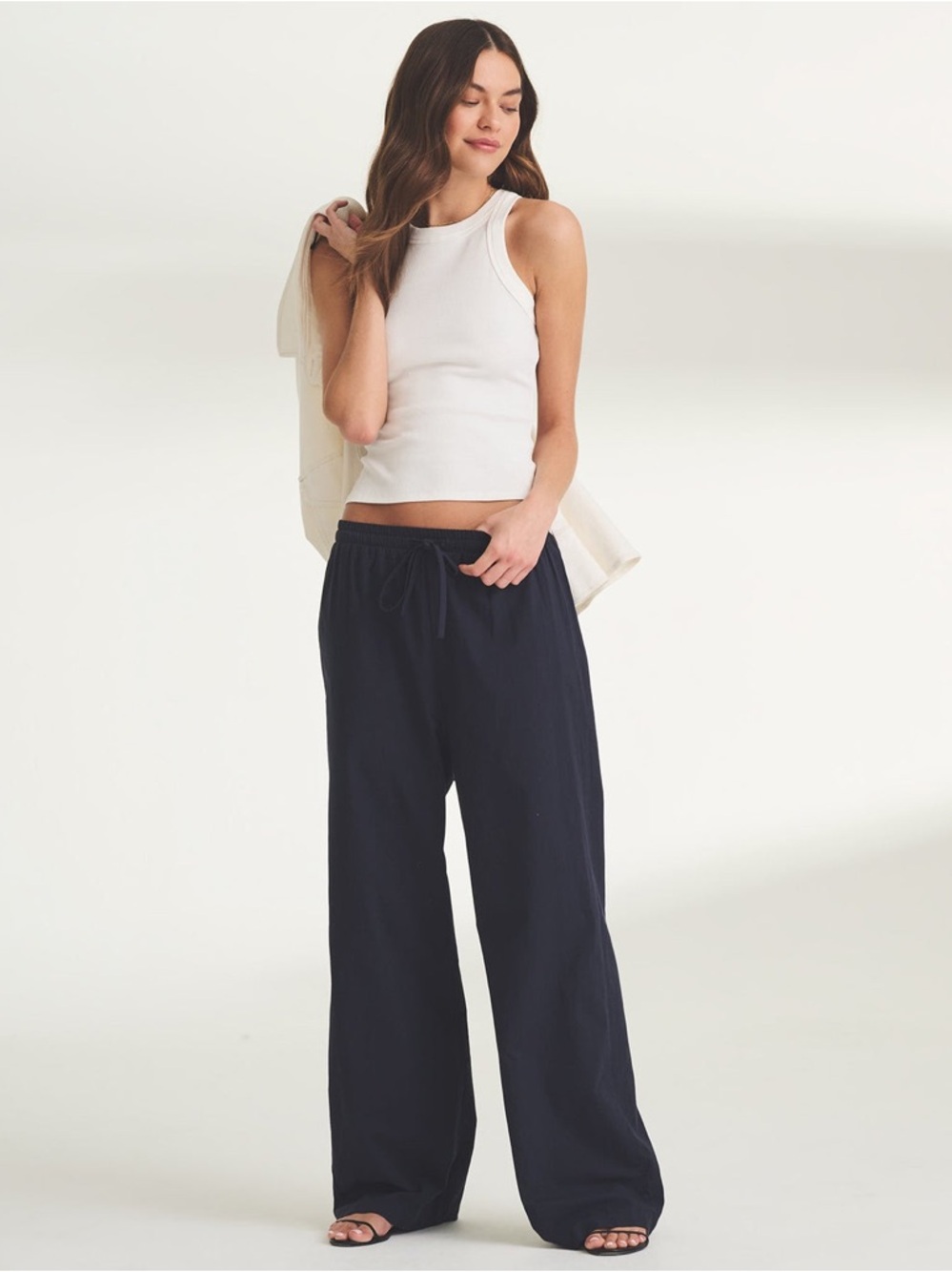 NAADAM Organic Cotton Drawstring Pants Navy Blue Wide Leg Pull On Lightweight